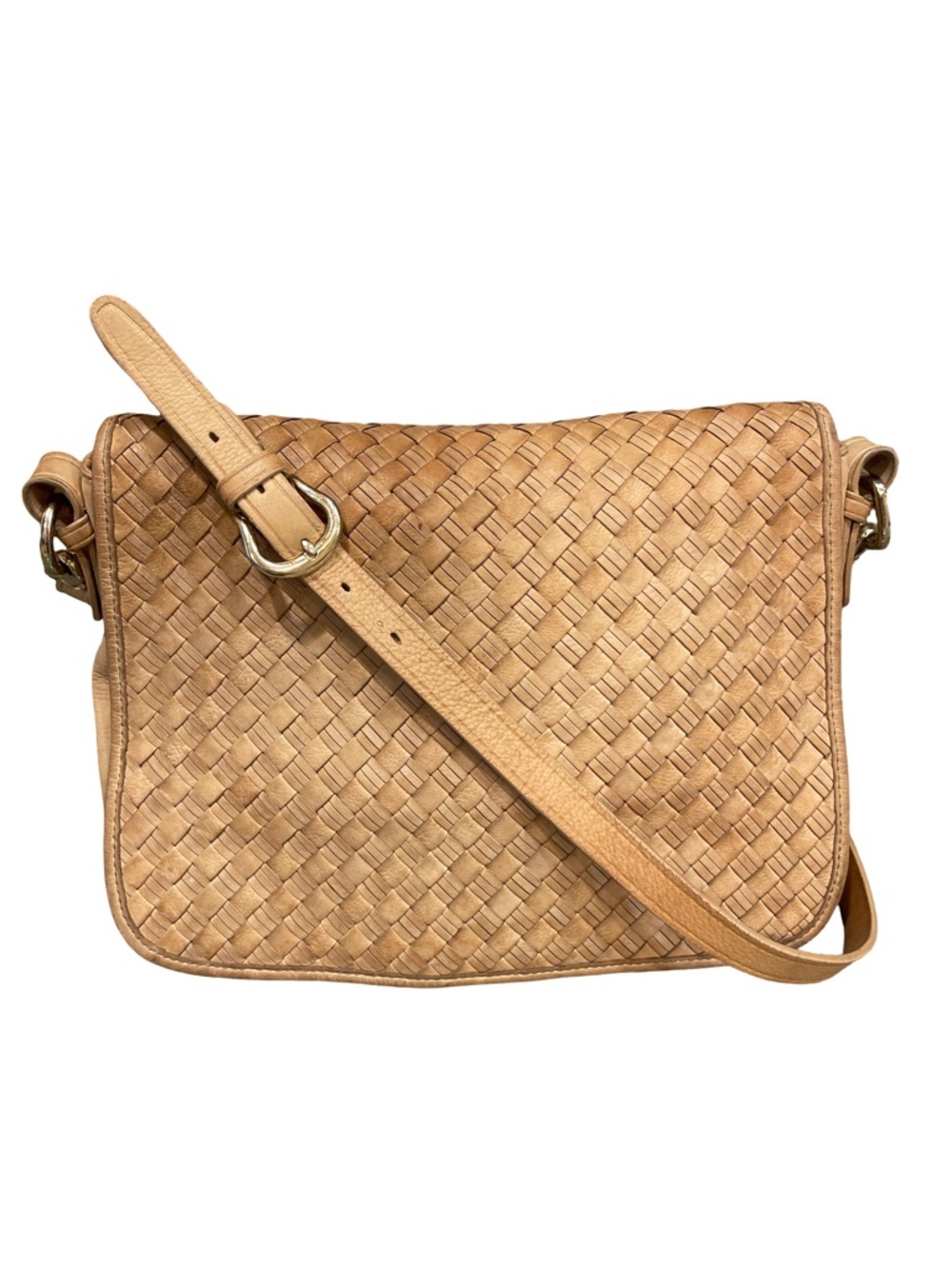 Vintage Cole Haan Woven Leather Flap Messenger Crossbody Bag Tan, Gold Hardware